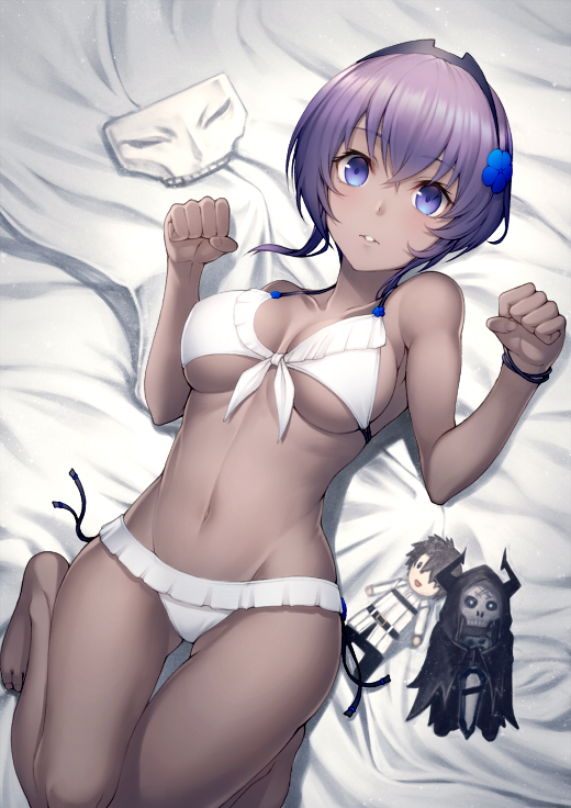 1girl bangs banned_artist bed_sheet bikini black_hairband blush breasts dark_skin fate/grand_order fate/prototype fate/prototype:_fragments_of_blue_and_silver fate_(series) flower fujimaru_ritsuka_(male) hair_between_eyes hair_flower hair_ornament hairband hassan_of_serenity_(fate) king_hassan_(fate/grand_order) kyoeiki looking_at_viewer lying navel on_back parted_bangs purple_eyes purple_hair short_hair skull_mask smile solo swimsuit thighs toy white_bikini
