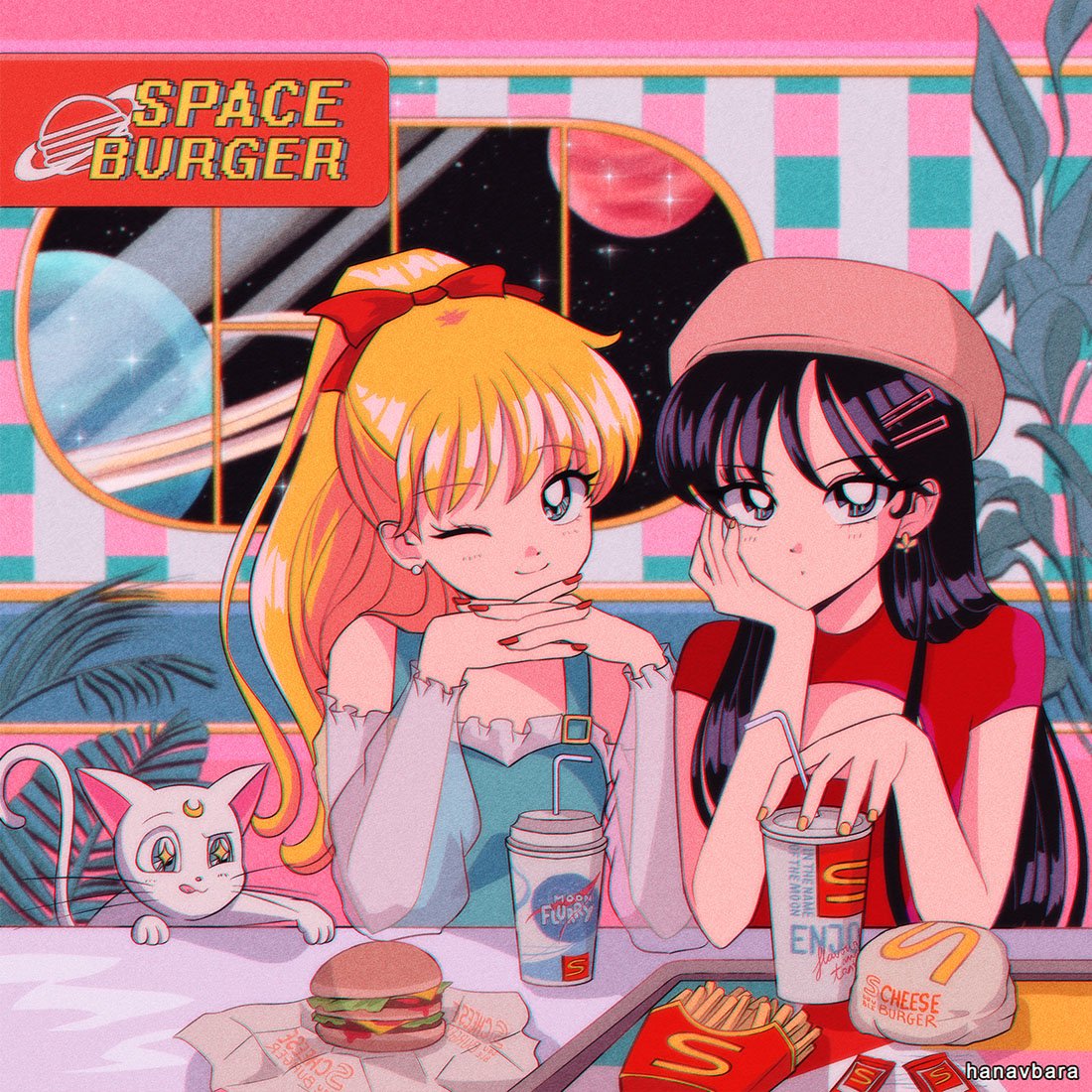+_+ 2girls :p aino_minako bishoujo_senshi_sailor_moon black_hair blonde_hair cola diana_(sailor_moon) dress earrings fast_food food hair_ornament hairpin hamburger hanavbara hand_on_own_chin hand_on_own_face hands_clasped hat hino_rei jewelry looking_at_viewer mcdonald's multiple_girls one_eye_closed own_hands_together plant sitting smile space table tongue tongue_out