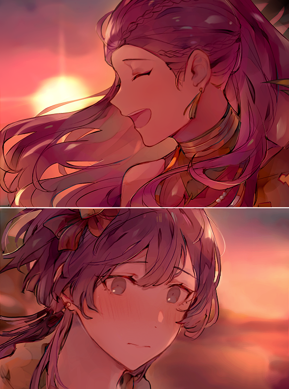 2girls bernadetta_von_varley blush closed_eyes closed_mouth earrings fire_emblem fire_emblem:_three_houses from_side grey_eyes hair_ornament jewelry kvlen long_hair multiple_girls open_mouth petra_macneary ponytail purple_hair