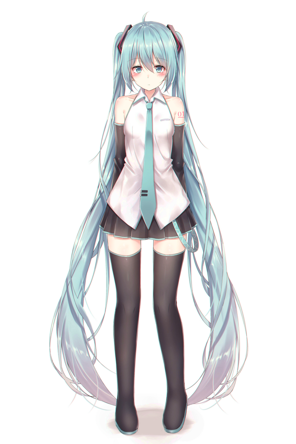 1girl akira_(been0328) bare_shoulders black_footwear black_legwear black_skirt black_sleeves blue_eyes blue_hair blue_neckwear blush boots closed_mouth collared_shirt commentary_request detached_sleeves full_body hatsune_miku highres long_hair looking_at_viewer necktie pleated_skirt shadow shirt skirt sleeveless sleeveless_shirt solo standing thigh_boots thighhighs tie_clip twintails very_long_hair vocaloid white_background white_shirt