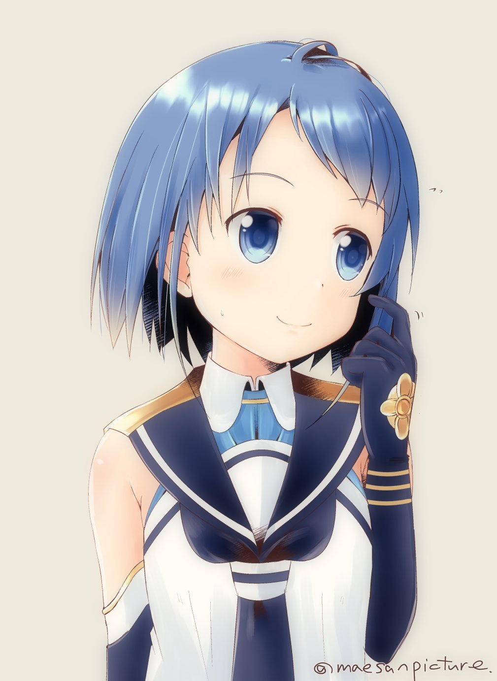 1girl arm_up artist_name bangs bare_shoulders blue_eyes blue_gloves blue_hair blue_neckwear commentary_request elbow_gloves eyebrows_visible_through_hair gloves highres kantai_collection looking_away mae_(maesanpicture) neckerchief sailor_collar samidare_(kantai_collection) shiny shiny_hair shirt short_hair simple_background sleeveless sleeveless_shirt smile solo swept_bangs white_background white_serafuku white_shirt