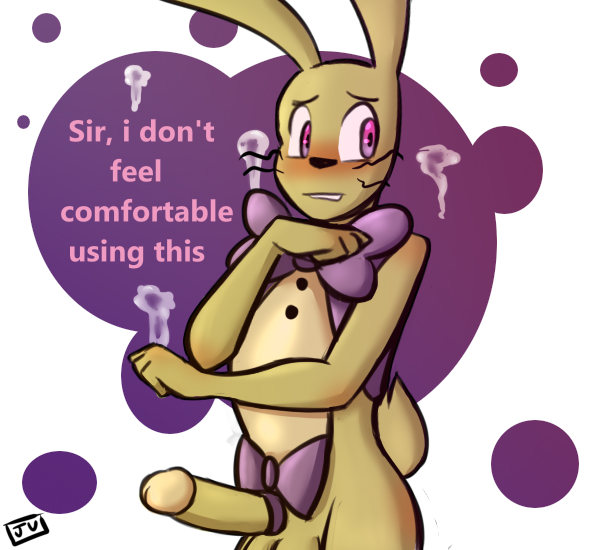 animatronic anthro big_ears blush clothing dialogue drawing five_nights_at_freddy's fnaf_vr_help_wanted genitals glitchtrap lagomorph leporid machine male male/male mammal marcelo_wolfy penis purple_background purple_eyes rabbit robot short_tail simple_background solo thick_penis video_games