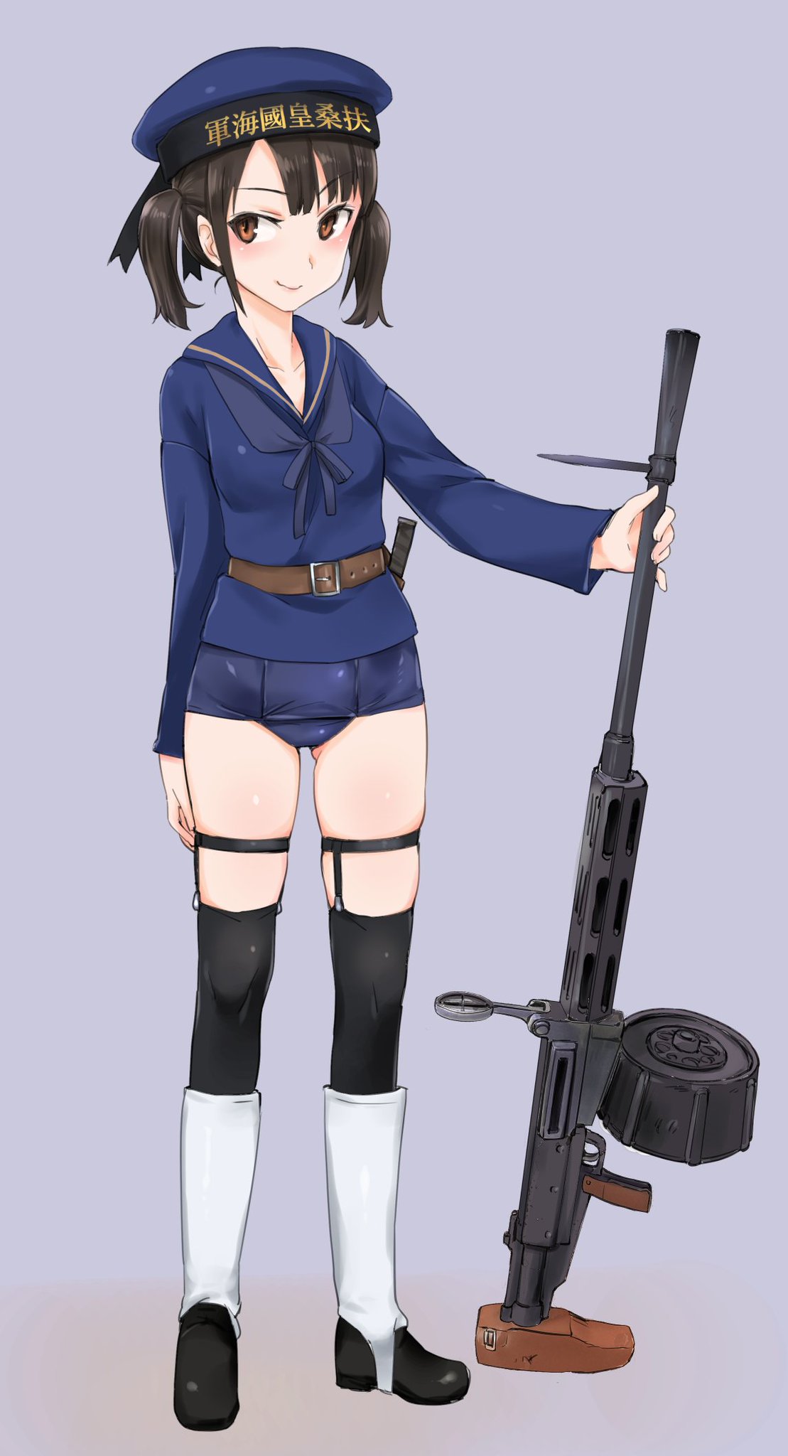 1girl aohashi_ame bangs belt black_hair black_legwear blouse blue_headwear blue_swimsuit boots brown_belt brown_eyes closed_mouth commentary_request full_body garter_straps grey_background gun hat highres holding holding_weapon long_sleeves looking_at_viewer machine_gun navy_blue_blouse navy_blue_headwear navy_blue_neckwear neckerchief no_pants old_school_swimsuit one-piece_swimsuit original over-kneehighs sailor_hat school_swimsuit school_uniform serafuku short_hair short_twintails skindentation smile solo standing swimsuit swimsuit_under_clothes thigh_strap thighhighs twintails weapon weapon_request white_footwear world_witches_series