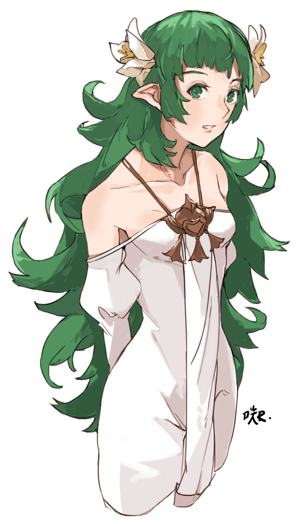 1girl arms_behind_back bare_shoulders cosplay dress fire_emblem fire_emblem:_three_houses flower green_eyes green_hair hair_flower hair_ornament highres long_hair long_sleeves parted_lips pointy_ears rhea_(fire_emblem) rhea_(fire_emblem)_(cosplay) sakuuremi simple_background solo sothis_(fire_emblem) white_background white_dress