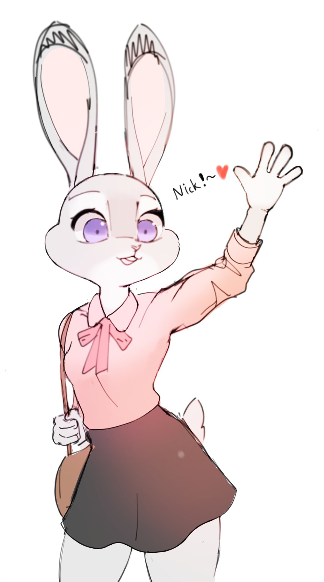 ! &lt;3 2020 anthro bottomwear clothed clothing disney english_text female fully_clothed fur gesture grey_body grey_fur hi_res judy_hopps lagomorph leporid mammal open_mouth open_smile purple_eyes rabbit simple_background skirt smile solo swetpot text waving white_background zootopia