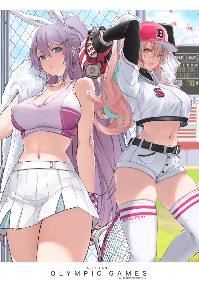 2girls aqua_eyes arms_behind_head arms_up azur_lane bare_arms bare_shoulders baseball_cap baseball_mitt belt blurry breasts bremerton_(azur_lane) bremerton_(azur_lane)_(cosplay) bremerton_(scorching-hot_training)_(azur_lane) chain-link_fence choker cleavage collarbone cosplay costume_switch crop_top crop_top_overhang depth_of_field dishwasher1910 earrings fence hair_ribbon hat holding intrepid_(azur_lane) intrepid_(azur_lane)_(cosplay) intrepid_(one_intrepid_pitch)_(azur_lane) jewelry large_breasts long_hair long_sleeves looking_at_viewer midriff miniskirt multicolored_hair multiple_girls navel pink_eyes pink_hair pleated_skirt ponytail purple_hair racket ribbon shirt short_over_long_sleeves short_shorts short_sleeves shorts skindentation skirt sleeveless sleeveless_shirt sportswear stomach sweat sweatband tennis_racket tennis_uniform thighhighs thighs towel two-tone_hair undershirt very_long_hair white_legwear white_shorts white_skirt