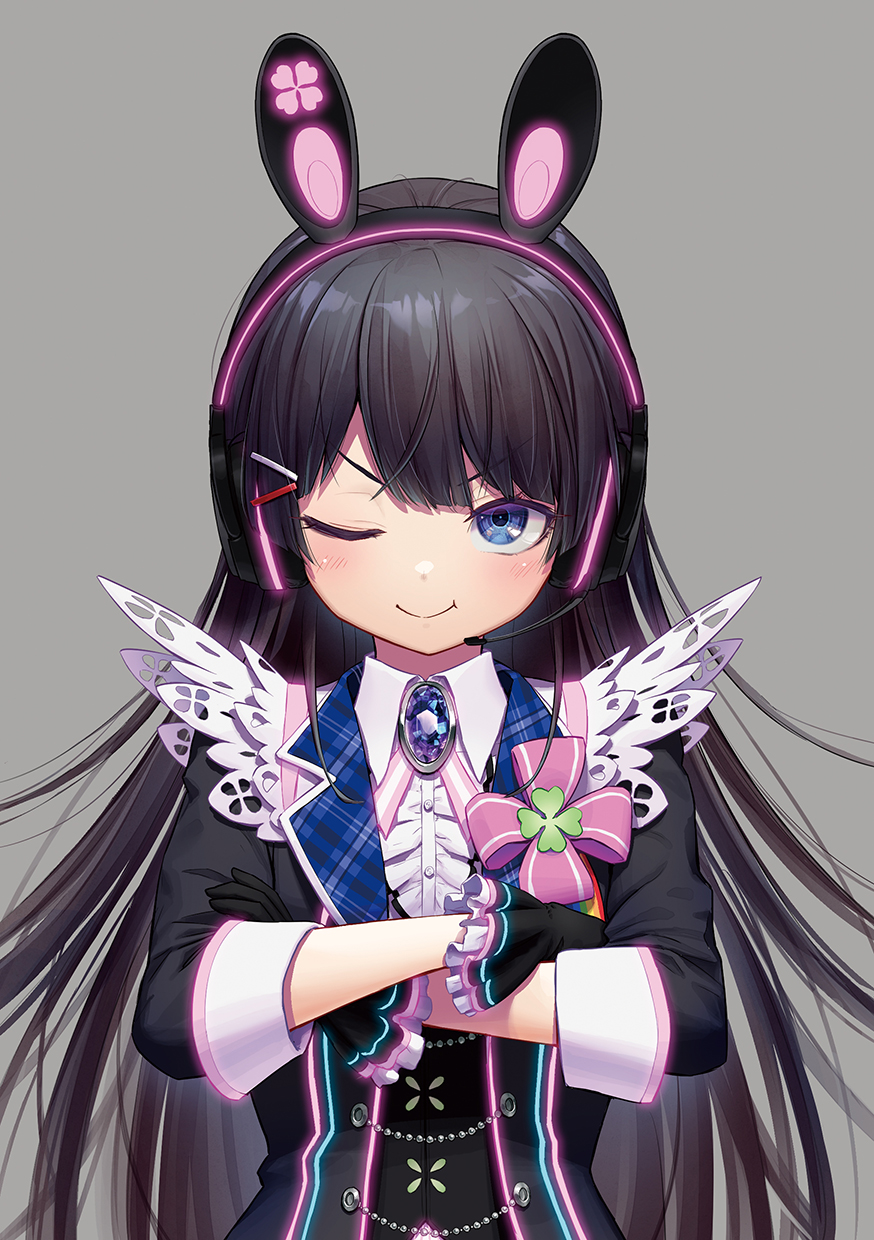 1girl ;t animal_ears bangs black_gloves black_hair black_jacket black_vest blue_eyes blush bunny_ear_headphones bunny_ears center_frills closed_mouth clover collared_shirt commentary_request crossed_arms dress_shirt eyebrows_visible_through_hair fake_animal_ears four-leaf_clover frills gloves glowing grey_background hair_ornament hairclip headphones headset highres jacket kath long_hair looking_at_viewer neon_trim nijisanji one_eye_closed shirt simple_background smile solo tsukino_mito upper_body v-shaped_eyebrows very_long_hair vest virtual_youtuber white_shirt