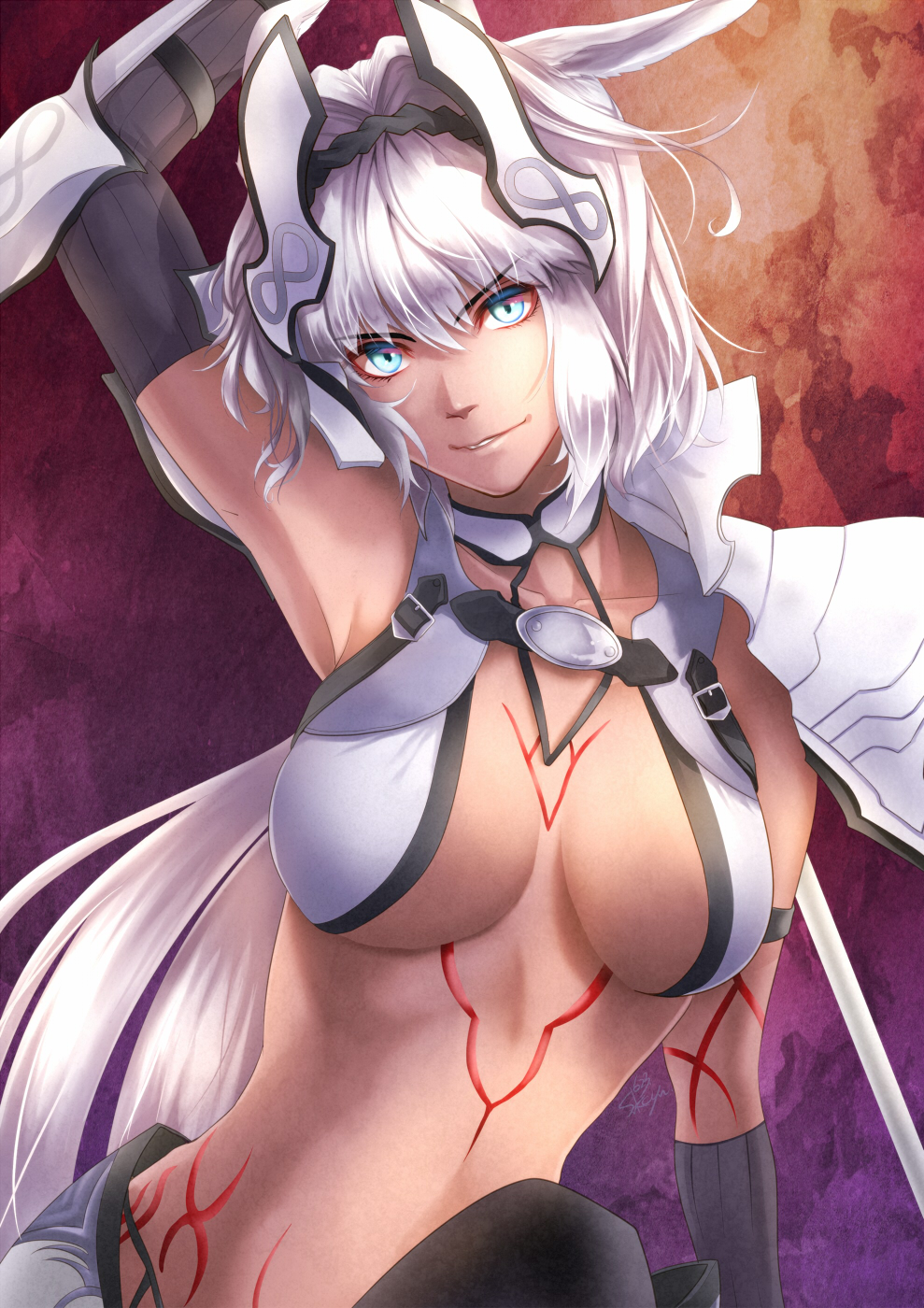 1girl animal_ears arm_guards arm_up bangs black_gloves black_legwear blue_eyes body_markings breasts caenis_(fate) chona collarbone dark_skin elbow_gloves fate/grand_order fate_(series) gloves hair_intakes headpiece highres knee_up large_breasts long_hair looking_at_viewer parted_lips pauldrons polearm smile solo spear tattoo thighhighs weapon white_bikini_top white_hair