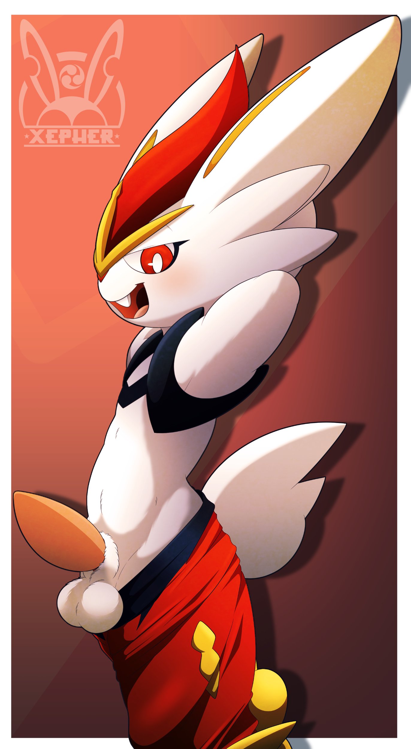 absurd_res anthro balls blush bottomwear cinderace clothed clothing fur genitals hi_res lagomorph male mammal nintendo open_mouth pants pants_down partially_clothed penis pok&eacute;mon pok&eacute;mon_(species) red_eyes solo video_games white_body white_fur xepher777