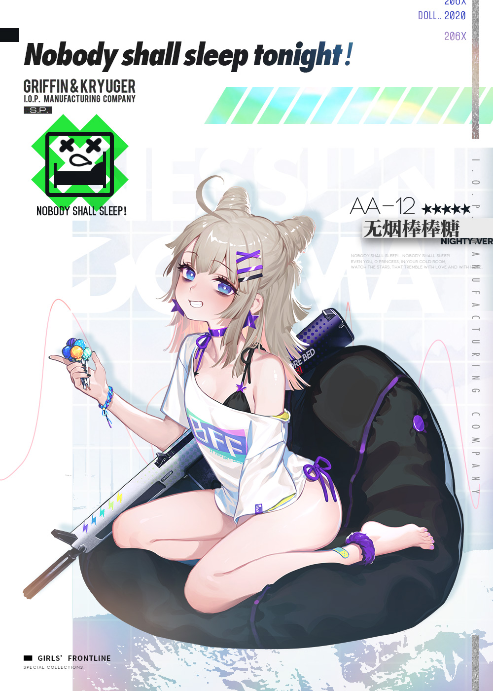 1girl aa-12_(girls_frontline) bags_under_eyes bandaid barefoot bean_bag_chair black_bra black_nails blue_eyes bra breasts bright_pupils candy choker cleavage double_bun earrings flat_chest food full_body girls_frontline grin hair_ornament hairclip highres jewelry light_brown_hair lollipop long_hair looking_at_viewer nail_polish off-shoulder_shirt off_shoulder official_art shirt silverwing sitting smile solo underwear white_pupils wristband yokozuwari