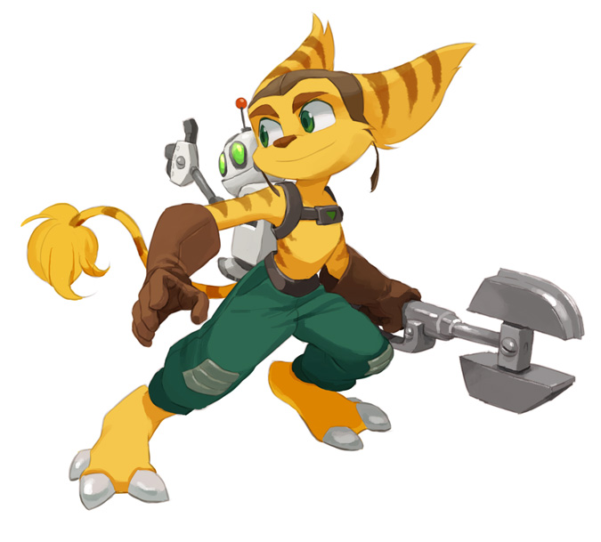 2011 anthro barefoot clank clothing duo fur gesture gloves green_eyes handwear lombax machine male mammal nemurism ratchet ratchet_and_clank robot simple_background thumbs_up tools video_games