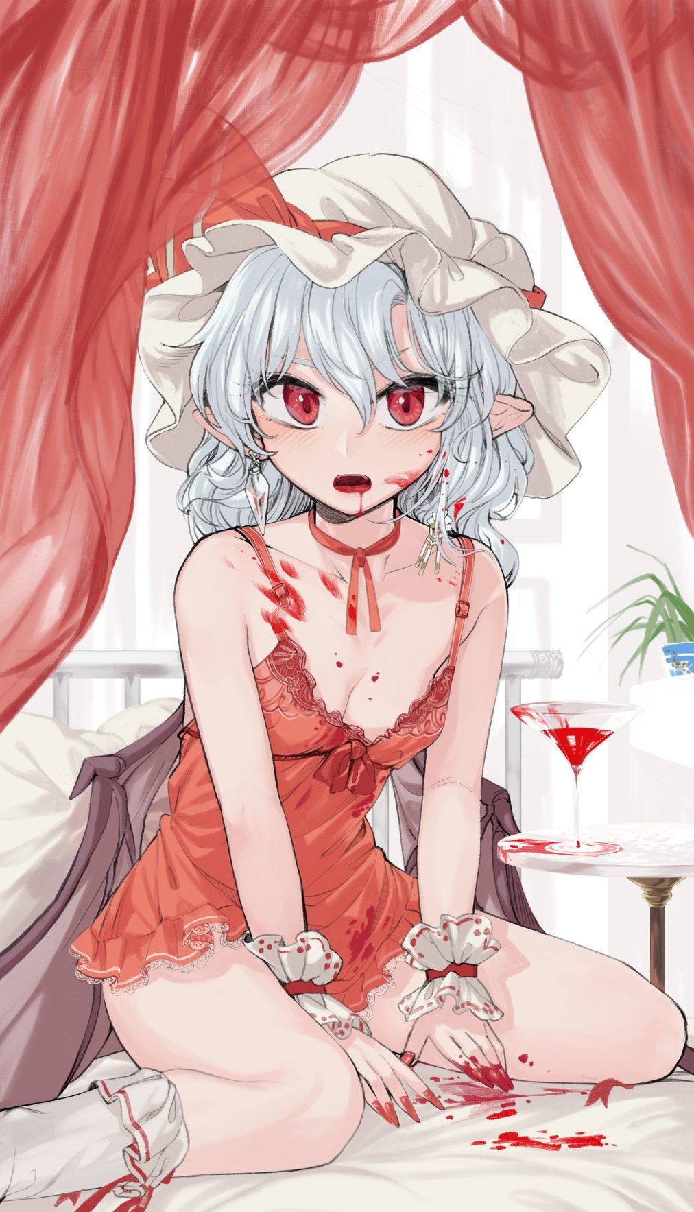 1girl babydoll bare_shoulders bat_wings blood blood_on_face breasts choker commentary cup drinking_glass fingernails geppewi hat hat_ribbon highres indoors light_blue_hair long_fingernails long_hair looking_at_viewer mob_cap nail_polish on_bed open_mouth plant pointy_ears potted_plant red_eyes red_nails red_ribbon remilia_scarlet ribbon ribbon_choker sitting small_breasts solo table touhou wariza white_headwear wings wrist_cuffs