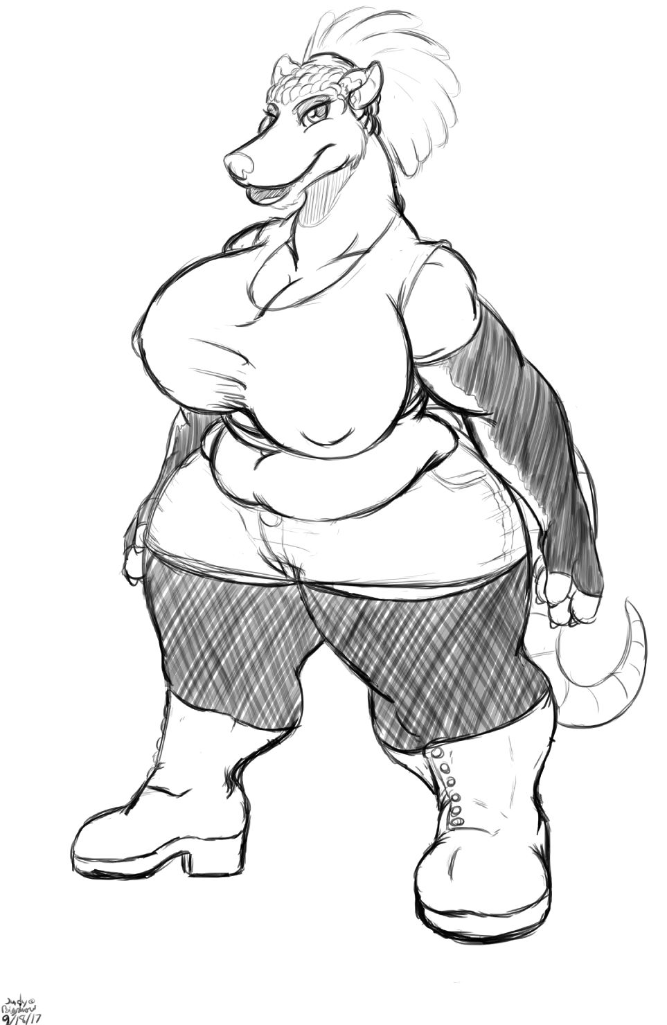 anthro big_breasts bigshow black_and_white bottomwear breasts clothed clothing female hi_res judy legwear looking_at_viewer low_top_boots mammal marsupial miniskirt monochrome nipple_outline overweight overweight_female phalangeriform skirt solo stockings wide_hips