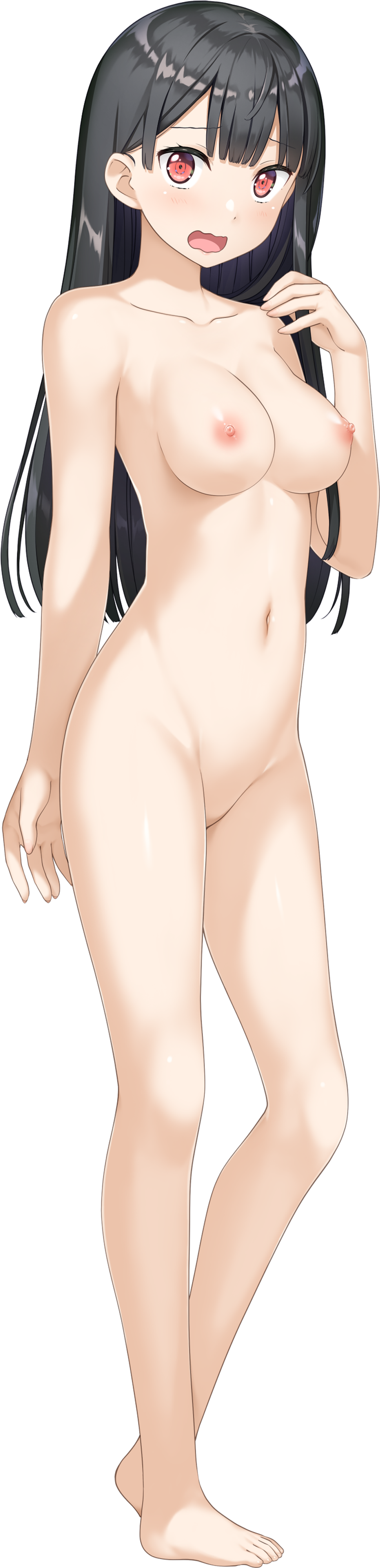 1girl absurdres barefoot black_hair breasts forearms_at_chest full_body highres kamisama_no_you_na_kimi_e kantoku kokuhou_rein large_breasts long_hair long_image navel nipples nude official_art open_mouth red_eyes solo standing surprised tall_image transparent_background wavy_mouth