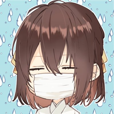 1girl bangs blue_background brown_hair brown_ribbon chibi closed_eyes commentary_request facing_viewer female_saniwa_(touken_ranbu) hair_between_eyes hair_ribbon japanese_clothes kimono lowres mask mochizuki_shiina mouth_mask portrait ribbon saniwa_(touken_ranbu) solo surgical_mask touken_ranbu water_drop white_kimono