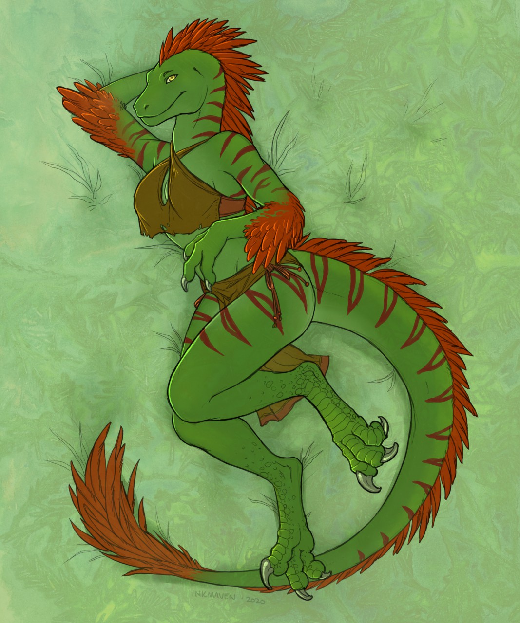 anthro claws clothing dinosaur dromaeosaurid feathers female hi_res inkmaven loincloth pinup pose reptile scalie solo theropod uthalla velociraptor