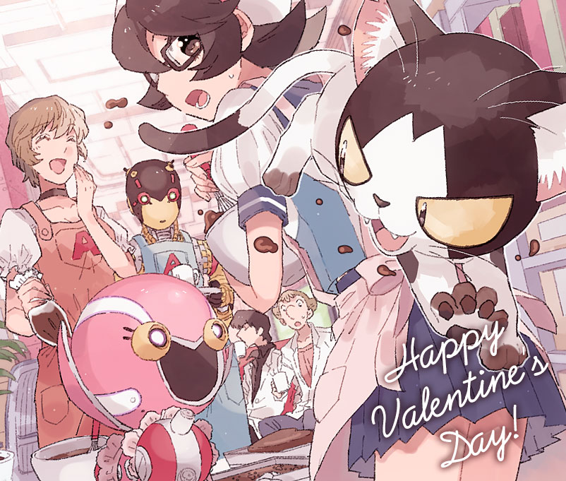 2boys 2girls a106 a107 apron atom:_the_beginning blue_skirt brown-framed_eyewear brown_eyes candy cat chocolate chocolate_heart choker closed_eyes cup drinking f14 food glasses happy_valentine hat heart indoors iyo_(kurumiwarin) labcoat laughing mixing_bowl mug multiple_boys multiple_girls ochanomizu_hiroshi ochanomizu_ran robot school_uniform serafuku short_hair short_sleeves sitting skirt tenma_umatarou tsutsumi_motoko whisk white_headwear yellow_eyes