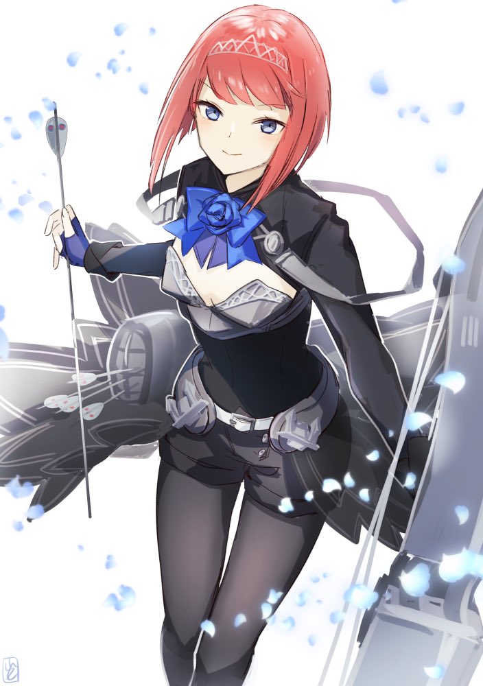 1girl alternate_color ark_royal_(kantai_collection) arrow bangs black_corset black_legwear black_shorts blue_eyes blue_flower blue_gloves blue_ribbon blue_rose blunt_bangs bob_cut bow_(weapon) breasts cleavage_cutout commentary_request compound_bow corset cowboy_shot fingerless_gloves flower gloves hairband inverted_bob jacket kantai_collection long_sleeves looking_at_viewer machinery overskirt pantyhose red_hair ribbon rose short_hair shorts small_breasts solo standing tiara weapon white_background yamashiki_(orca_buteo)