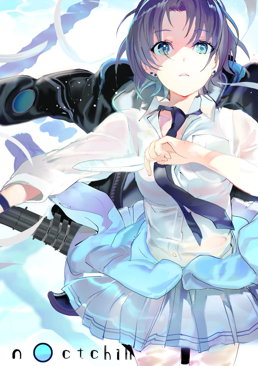 119 1girl asakura_tooru asymmetrical_sleeves bangs black_hair black_neckwear blue_eyes blue_jacket blue_skirt breast_pocket clothes_around_waist collarbone dress_shirt ear_piercing eyebrows_visible_through_hair guitar highres idolmaster idolmaster_shiny_colors instrument jacket jacket_around_waist looking_at_viewer loose_necktie necktie parted_lips piercing pleated_skirt pocket revision shirt short_hair skirt solo white_shirt wristband