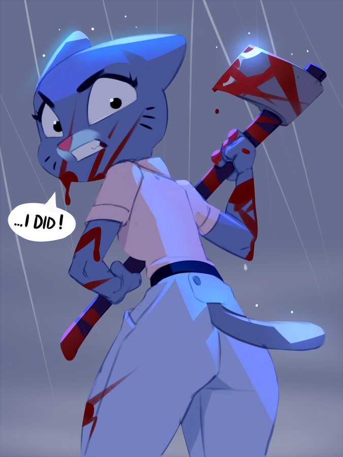 2020 3:4 anthro axe blood bodily_fluids bottomwear cartoon_network clothing dialogue domestic_cat english_text felid feline felis female mammal melee_weapon miles_df nicole_watterson pants raining solo text the_amazing_world_of_gumball weapon
