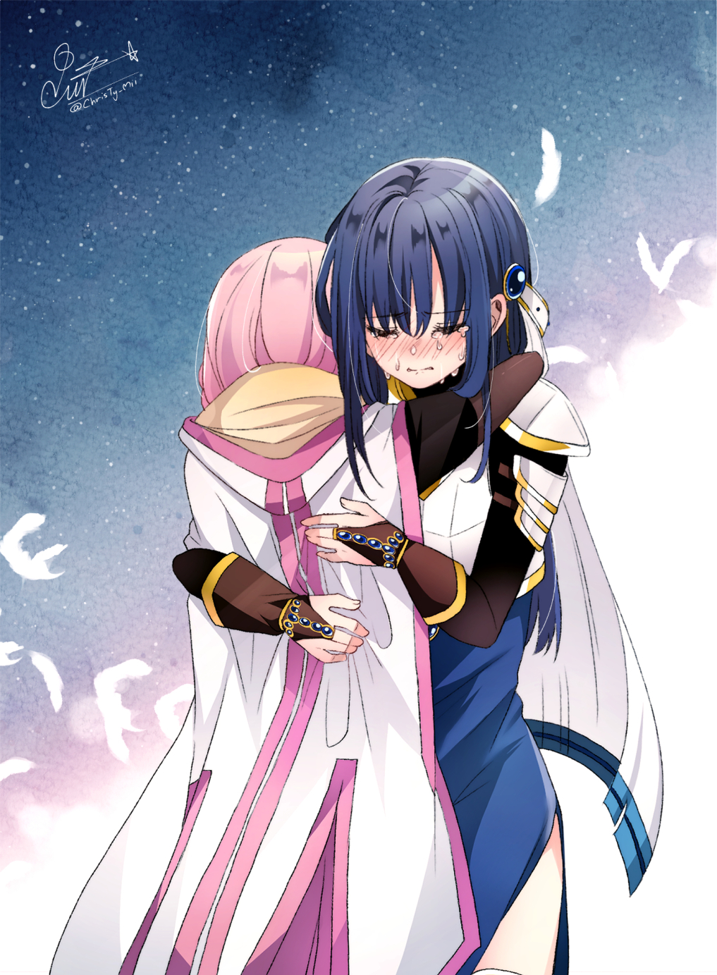 2girls arms_around_neck bangs black_gloves blue_background blue_dress blue_hair blunt_bangs blush christy cloak closed_eyes cowboy_shot crying dress facing_away feathers furrowed_eyebrows gloves gradient gradient_background hands_on_another's_back highres hug jewelry light_particles long_dress magia_record:_mahou_shoujo_madoka_magica_gaiden mahou_shoujo_madoka_magica multiple_girls nanami_yachiyo pink_hair sad shoulder_armor side_slit signature simple_background sobbing spaulders straight_hair streaming_tears tamaki_iroha tears twitter_username wavy_mouth white_background white_cloak yuri