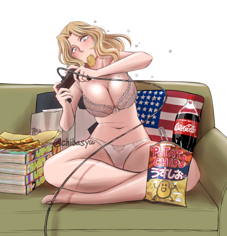 1girl american_flag bag bangs bare_shoulders blonde_hair blue_eyes bra breasts character_request chiba_shuusaku chips cleavage coca-cola commentary_request controller couch food food_in_mouth game_controller girls_und_panzer head_tilt large_breasts long_hair panties parted_bangs potato_chips sitting soda_bottle sweatdrop underwear white_bra white_panties