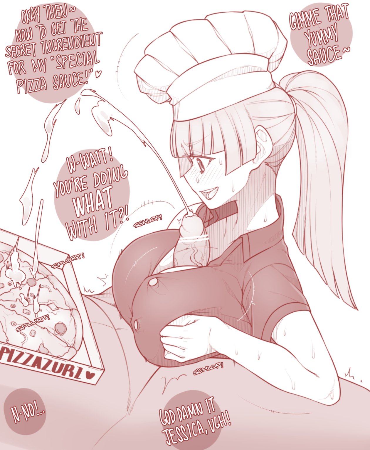 1boy 1girl bangs blunt_bangs blush breast_squeeze breasts chef_hat cleavage collared_shirt cum dress_shirt ejaculation ekz_(drawfag) english_commentary erection eyebrows_visible_through_hair food from_side hat hetero high_ponytail highres large_breasts lying monochrome nude on_back original paizuri paizuri_under_clothes penis pizza pizza_box shirt short_sleeves solo_focus sweat