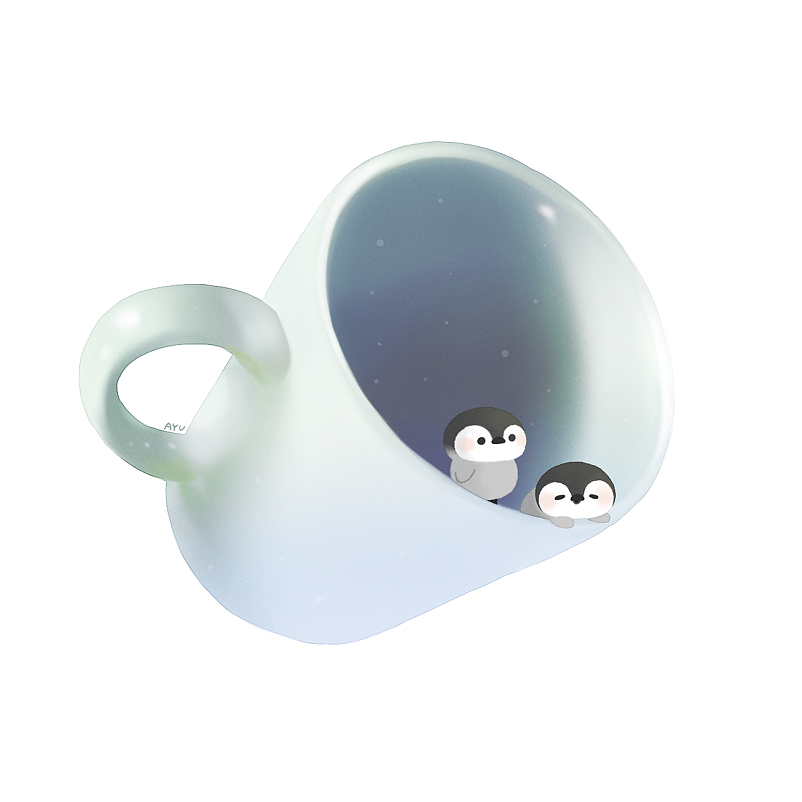 ayu_(mog) baby_penguin bird cup emperor_penguin in_container in_cup no_humans original penguin signature simple_background white_background