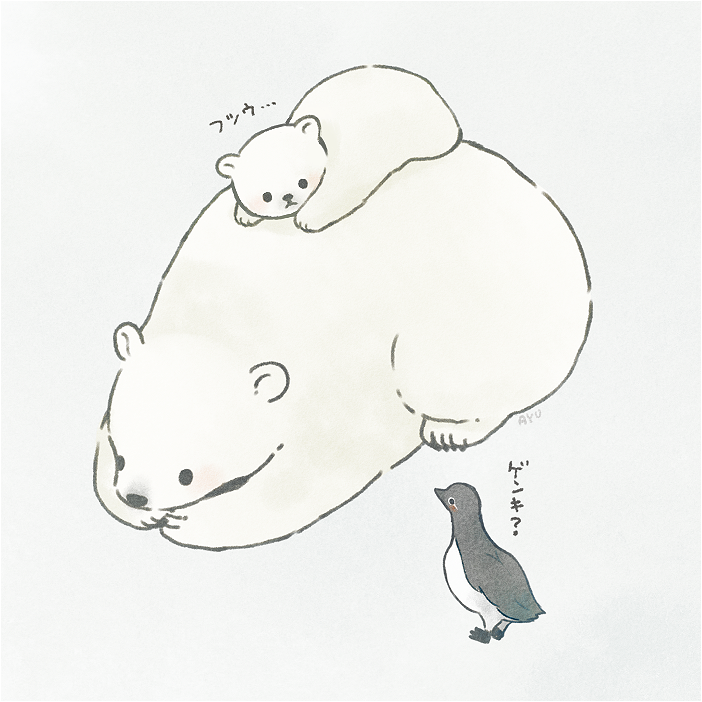 ayu_(mog) bear bird cub from_side grey_background lying no_humans on_stomach original polar_bear signature simple_background translation_request