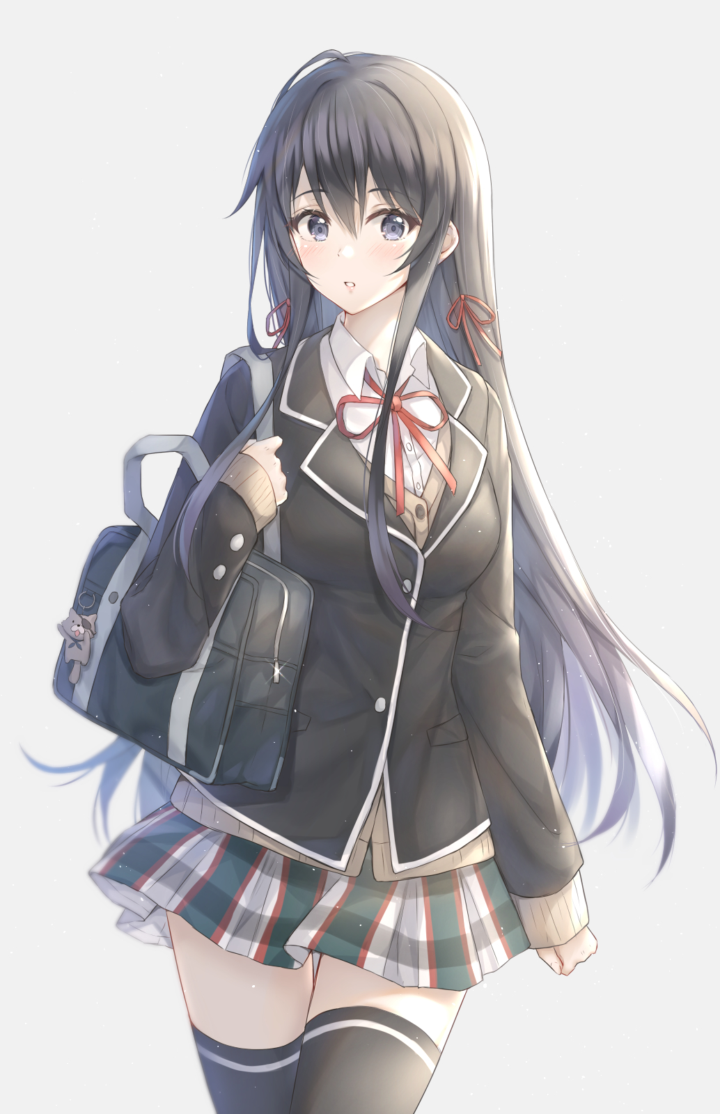 1girl :o bag bag_charm bangs black_hair black_jacket black_legwear blazer blue_eyes blush breasts charm_(object) collared_shirt cowboy_shot cuna_(qunya) eyebrows_visible_through_hair grey_background hair_ribbon highres jacket long_hair long_sleeves looking_at_viewer medium_breasts miniskirt multicolored multicolored_clothes multicolored_skirt neck_ribbon parted_lips pleated_skirt red_neckwear red_ribbon ribbon school_bag school_uniform shirt sidelocks simple_background skirt solo straight_hair thighhighs very_long_hair wing_collar yahari_ore_no_seishun_lovecome_wa_machigatteiru. yukinoshita_yukino zettai_ryouiki