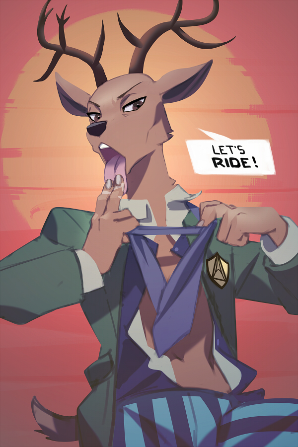 2020 2:3 anthro antlers beastars bottomwear cervid clothing horn jacket louis_(beastars) male mammal miles_df necktie pants solo tongue tongue_out topwear