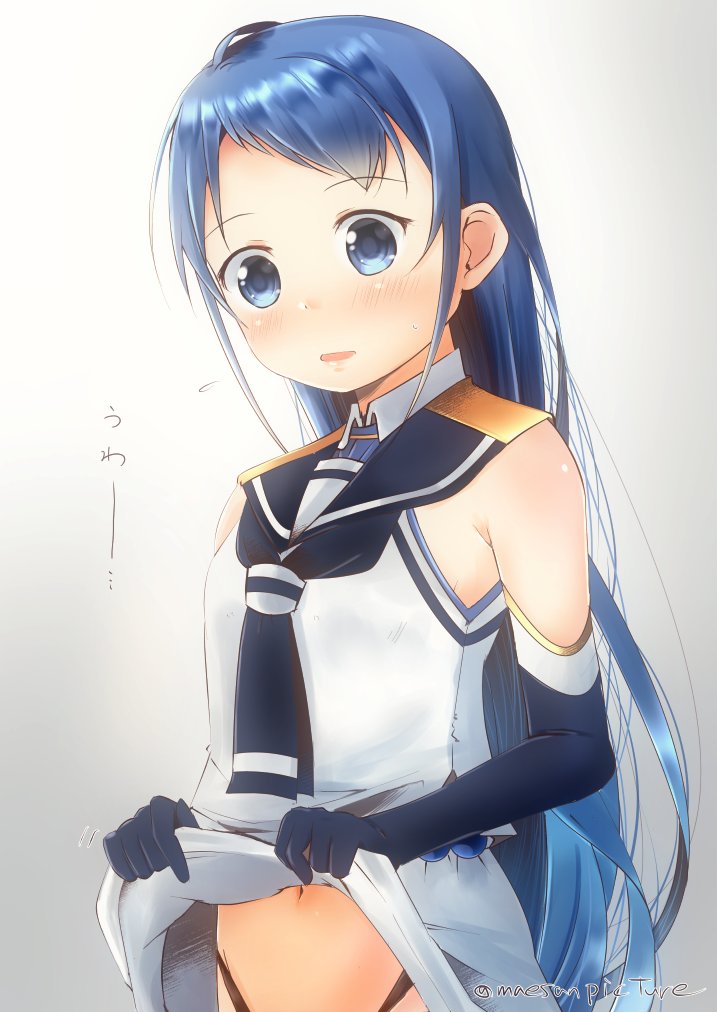 1girl artist_name bangs bare_shoulders black_panties blue_eyes blue_gloves blue_hair blue_neckwear blush commentary_request elbow_gloves gloves groin highleg highleg_panties kantai_collection lifted_by_self long_hair mae_(maesanpicture) navel neckerchief panties sailor_collar samidare_(kantai_collection) shirt sidelocks simple_background skirt skirt_lift sleeveless sleeveless_shirt solo swept_bangs underwear very_long_hair wavy_mouth white_background white_serafuku white_shirt white_skirt