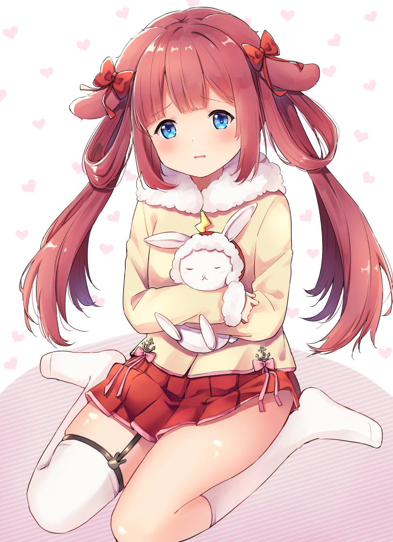 1girl animal_ears azur_lane bangs beige_coat blue_eyes blush bow brown_hair bunny_ears coat commentary_request doll_hug eyebrows_visible_through_hair flat_chest full_body fur-trimmed_coat fur-trimmed_hood fur-trimmed_sleeves fur_trim hair_bow hair_rings heart heart_background holding holding_stuffed_animal hood kiyonami_(azur_lane) kneehighs lightning_bolt long_hair long_sleeves looking_at_viewer mechiko_(mmttkknn) no_shoes parted_lips pink_ribbon pleated_skirt red_bow red_skirt ribbon sidelocks single_garter_strap single_kneehigh single_thighhigh sitting skirt solo_focus stuffed_animal stuffed_bunny stuffed_toy thighhighs twintails wariza white_background white_legwear