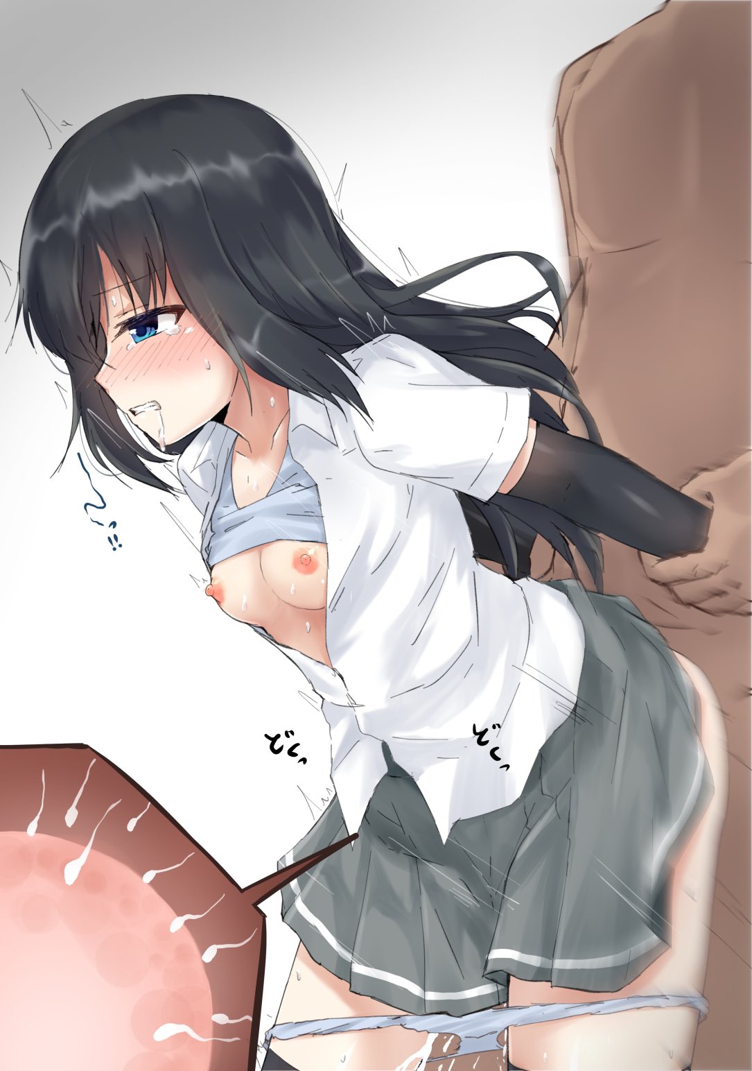 asashio_(kantai_collection) black_hair blue_eyes breasts breasts_outside clothed_female_nude_male dark_skin dark_skinned_male hetero highres impregnation kantai_collection long_hair nude panties panty_pull rokosu_(isibasi403) saliva saliva_trail sex small_breasts tearing_up underwear