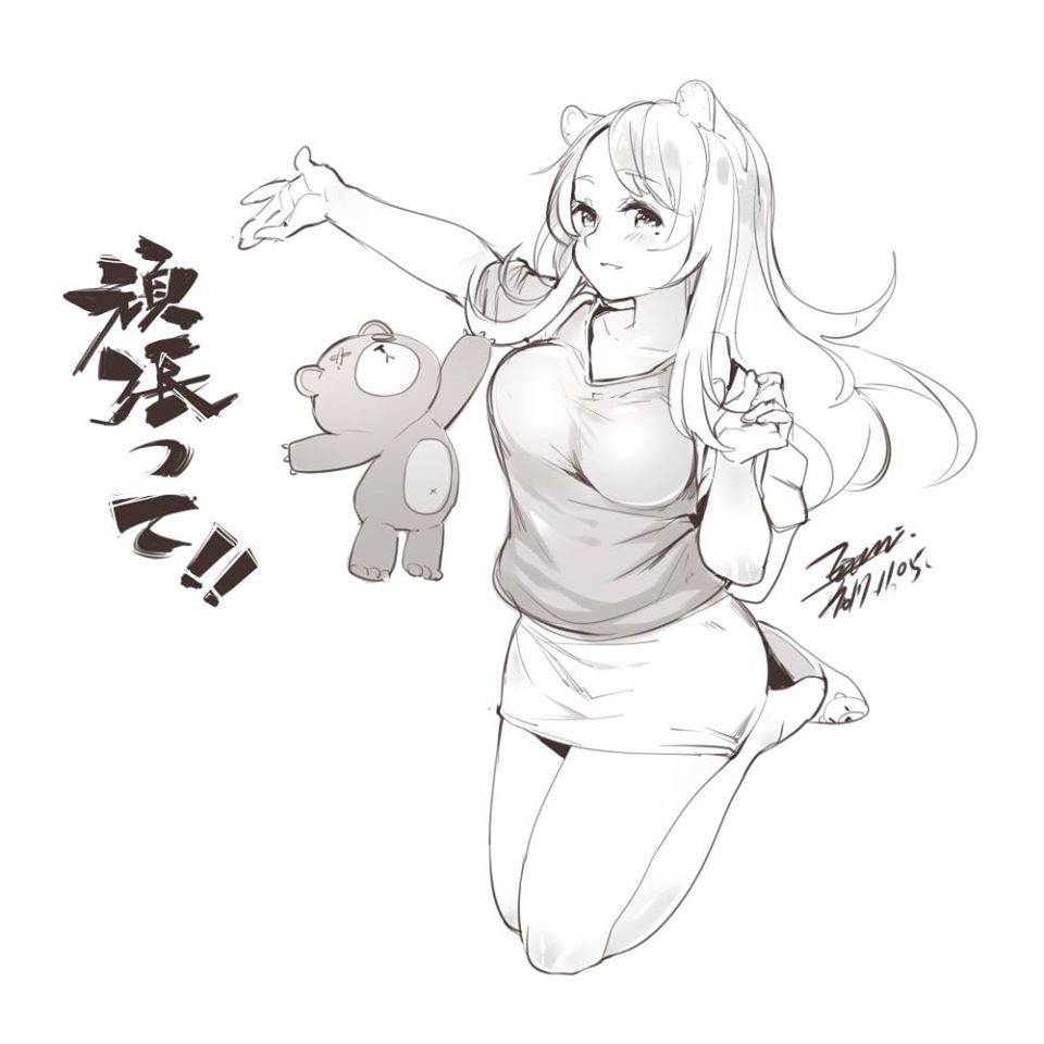 1girl animal_ears annie_hastur breasts ejami greyscale league_of_legends long_hair monochrome simple_background skirt slippers solo stuffed_animal stuffed_toy teddy_bear white_background