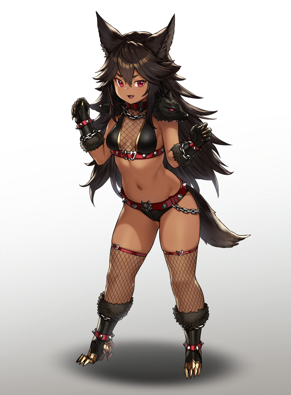 1girl :d animal_ear_fluff animal_ears bangs belt belt_collar black_footwear black_gloves black_hair boots breasts cerberus chain claws collar commentary dark_skin dog_ears dog_head dog_tail fang fishnets full_body fur-trimmed_boots fur-trimmed_gloves fur_trim gloves gradient gradient_background grey_background hair_between_eyes hands_up highres houtengeki long_hair looking_at_viewer micro_shorts navel open_mouth original personification red_eyes shorts simple_background skindentation small_breasts smile solo spiked_belt stomach tail very_long_hair