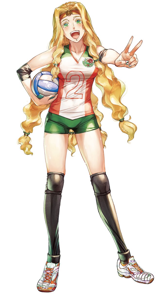 1girl blonde_hair elbow_pads fate/grand_order fate_(series) heroic_spirit_festival_outfit highres hiroe_rei knee_pads long_hair looking_at_viewer mexican_flag official_art quetzalcoatl_(fate/grand_order) shoes smile sportswear textless thighhighs v volleyball volleyball_uniform white_background yellow_eyes