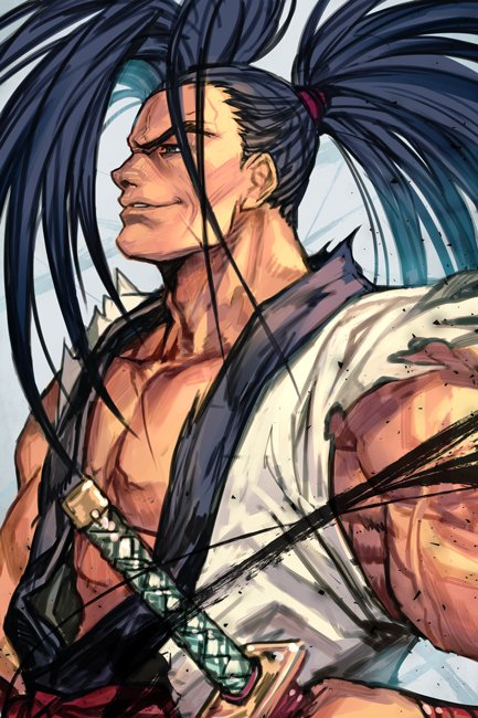 1boy black_eyes black_hair from_side grey_background grin hankuri haoumaru katana long_hair male_focus muscle parted_lips ponytail samurai_spirits simple_background smile solo sword torn_clothes vest weapon