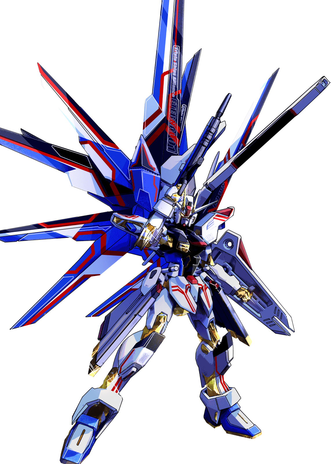 clenched_hand cross_ange crossover dc12v33a freedom_gundam gun gundam gundam_seed highres holding holding_weapon looking_down mecha mechanical_wings no_humans rifle robot_joints shield villkiss_(cross_ange) weapon white_background wings yellow_eyes