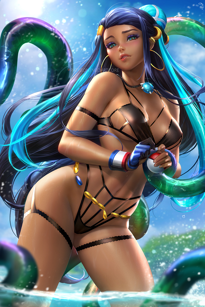 1girl aqua_eyes arm_strap artist_name bare_hips bare_shoulders bikini biting black_bikini black_hair blue_eyes blue_gloves blue_hair blush breasts collarbone crescent crescent_hair_ornament dark_skin day earrings eyeshadow forehead gloves hair_bun hair_ornament hairclip holding holding_poke_ball hoop_earrings jewelry leaning_forward lip_biting long_hair makeup medium_breasts multicolored_hair navel necklace nudtawut_thongmai outdoors parted_lips poke_ball poke_ball_(generic) pokemon pokemon_(game) pokemon_swsh red_lips rurina_(pokemon) single_glove smile solo splashing stomach sunlight swimsuit tentacles thigh_strap thighs toned two-tone_hair underboob very_long_hair water