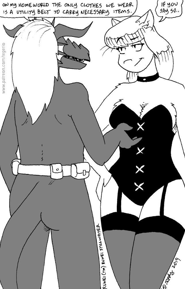 2019 anthro belt breasts butt choker cleavage clothed clothing dragon duo felid feline female fur hair jewelry legwear lingerie male mammal monochrome mostly_nude necklace pirate_arleen rear_view runei_worth tegerio thigh_highs