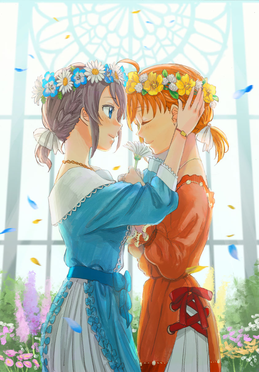 2girls ahoge alternate_hairstyle bangs blue_bow blue_dress blue_eyes blue_flower blue_ribbon bow bracelet braid closed_eyes commentary_request dress face-to-face flower from_side fukutarou_(enji127) grey_hair hair_ribbon hands_on_another's_head head_wreath highres holding holding_flower jewelry long_sleeves looking_at_another love_live! love_live!_school_idol_festival love_live!_sunshine!! multiple_girls necklace orange_hair petals pink_flower ponytail purple_flower red_dress red_ribbon ribbon sash sidelocks smile takami_chika watanabe_you white_flower white_ribbon window yellow_flower yuri