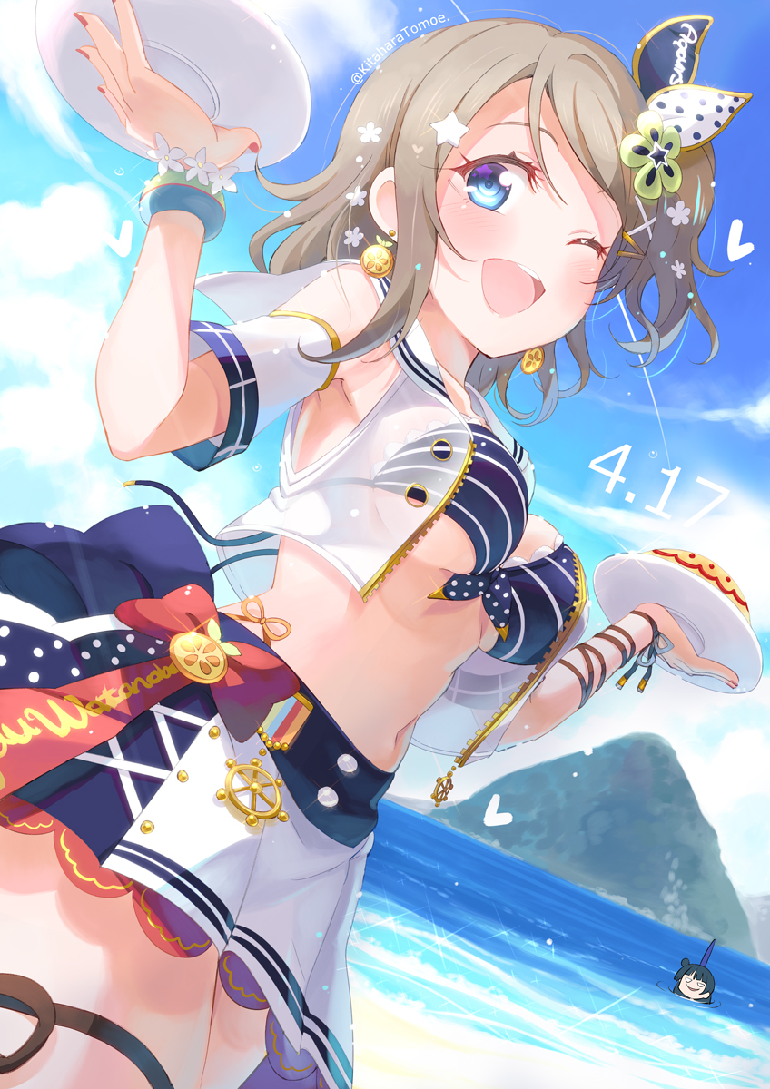 2girls ;d bikini blue_eyes blue_sky blush breasts brown_hair cloud commentary_request dated day earrings food hair_ornament highres jewelry kitahara_tomoe_(kitahara_koubou) love_live! love_live!_sunshine!! medium_breasts multiple_girls nail_polish navel ocean one_eye_closed open_mouth plate red_nails short_hair skirt sky smile striped striped_bikini striped_bikini_top swimsuit tsushima_yoshiko twitter_username watanabe_you white_skirt x_hair_ornament