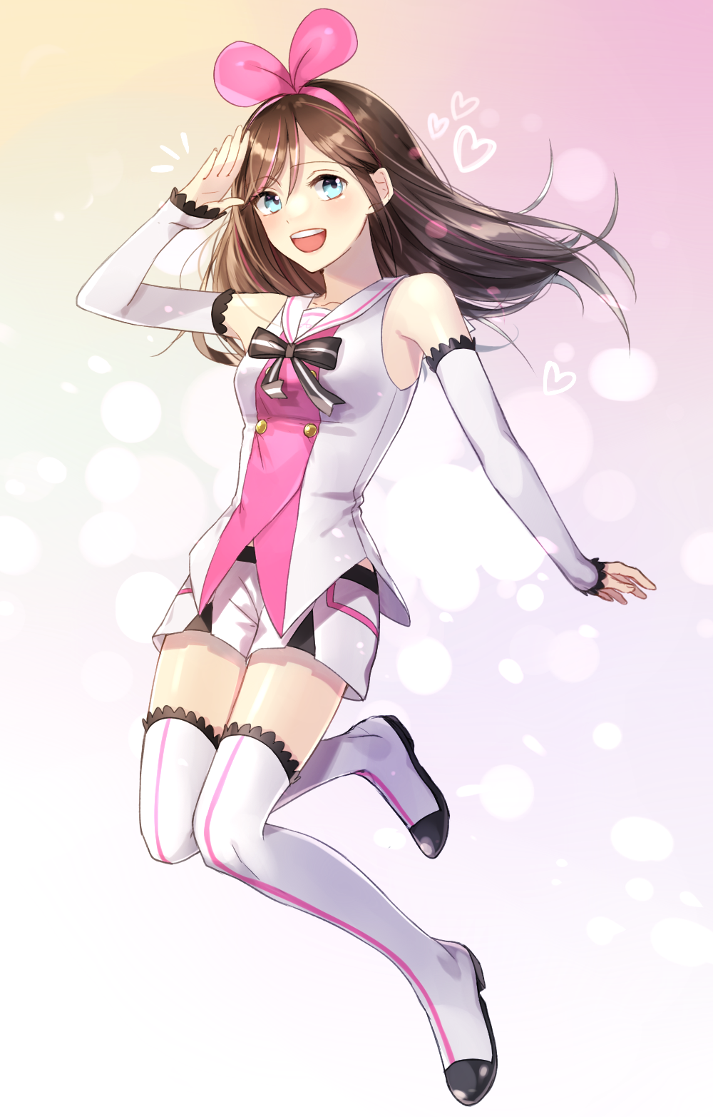 1girl :d a.i._channel bangs blue_eyes boots brown_hair chan_bra555 collarbone detached_sleeves eyebrows_visible_through_hair floating_hair full_body gradient gradient_background hair_between_eyes hairband heart highres kizuna_ai long_hair long_sleeves looking_at_viewer open_mouth pink_background pink_hairband sailor_collar shiny shiny_hair shirt short_shorts shorts sleeveless sleeveless_shirt smile solo thigh_boots thighhighs virtual_youtuber white_background white_footwear white_sailor_collar white_shorts white_sleeves zettai_ryouiki