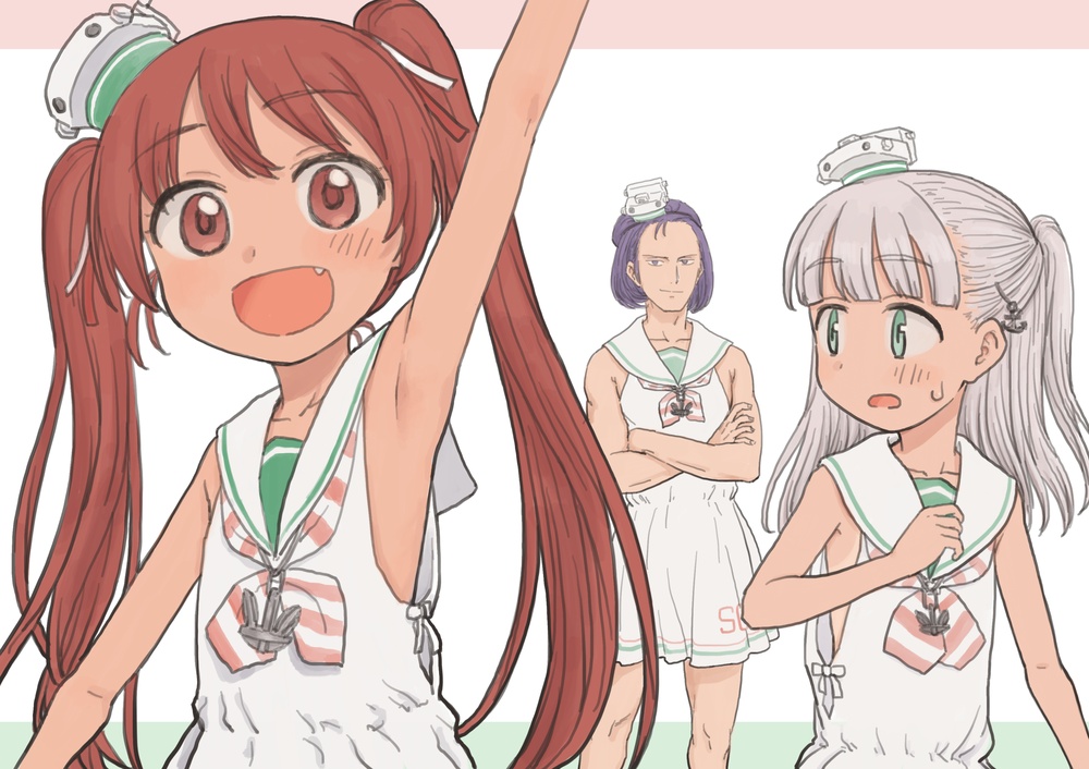 1boy 2girls arm_up armpits brown_eyes brown_hair commentary_request cosplay crossdressing crossed_arms fang green_eyes gundam kantai_collection libeccio_(kantai_collection) maestrale_(kantai_collection) multiple_girls omodaka_(nitera1041) one_side_up paptimus_scirocco silver_hair simple_background sleeveless sweatdrop tan tanline twintails
