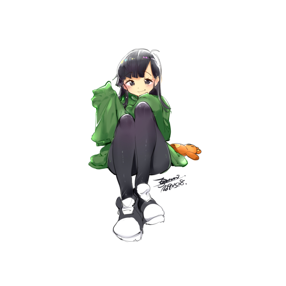 1girl black_hair closed_mouth codename:_kids_next_door ejami graphite_(medium) kuki_sanban long_hair looking_at_viewer pantyhose simple_background sleeves_past_wrists smile solo traditional_media white_background