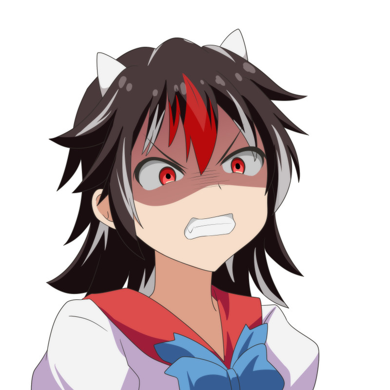 1girl black_hair blue_neckwear bow bowtie cato_(monocatienus) clenched_teeth collar commentary_request constricted_pupils fang furrowed_eyebrows horns kijin_seija looking_to_the_side multicolored_hair puffy_sleeves red_collar red_eyes scowl shaded_face shirt short_hair simple_background solo streaked_hair teeth touhou upper_body white_background white_shirt