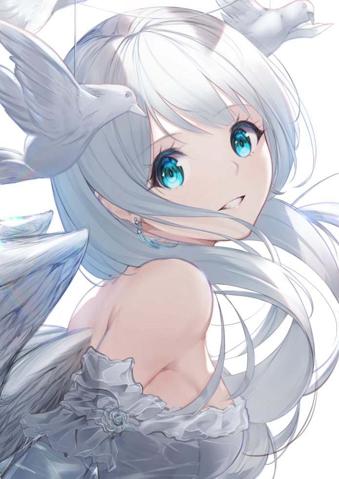1girl angel_wings bangs bare_shoulders bird blue_eyes breasts commentary detached_sleeves dress earrings english_commentary feathered_wings from_side grey_dress grey_wings jewelry looking_at_viewer looking_to_the_side mari_(doraerin0) medium_breasts original parted_lips sideboob silver_hair smile solo tassel_earrings upper_body wings