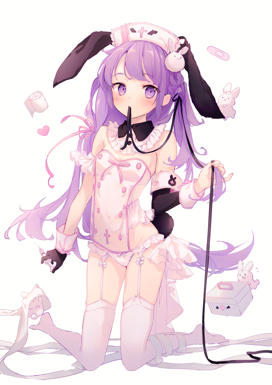 1girl animal animal_ears armband bandages bandaid bangs black_gloves black_ribbon black_sleeves blush braid breasts bunny bunny_ears bunny_hair_ornament closed_mouth collar commentary_request detached_collar detached_sleeves eyebrows_visible_through_hair frilled_collar frills garter_straps gloves hair_ornament hair_ribbon hat heart highres holding kneeling long_hair long_sleeves looking_at_viewer mouth_hold no_shoes nurse nurse_cap original pink_ribbon purple_eyes purple_hair ribbon ribbon_in_mouth safety_pin simple_background single_detached_sleeve single_glove small_breasts solo strapless suzumori_uina thighhighs very_long_hair white_background white_collar white_headwear white_legwear