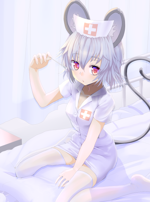 1girl animal_ear_fluff animal_ears bed curtains dress eyebrows_visible_through_hair greek_cross hat hospital_bed ishikkoro mouse_ears mouse_tail nazrin nurse nurse_cap on_bed red_cross red_eyes short_hair silver_hair sitting sitting_on_bed solo tail thighhighs touhou wariza white_dress white_legwear zettai_ryouiki
